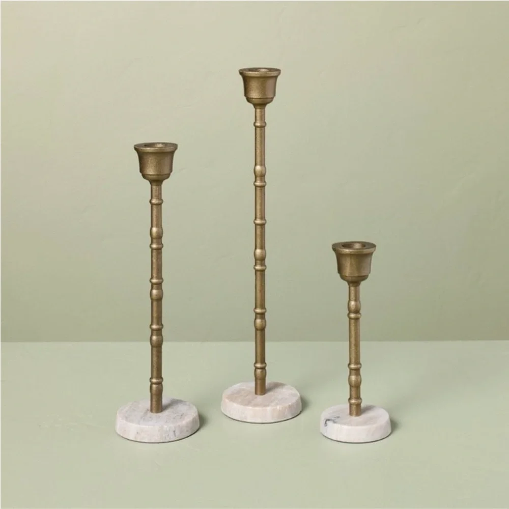 Hearth & Hand Magnolia 3pc Taper Marble and Brass Candle Holder Set
